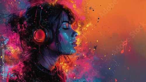 Abstract art of a woman with splattered colorful paint and headphones, Concept of creativity, music, and expressive freedom
