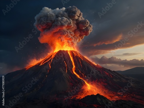 A powerful volcanic eruption with molten lava flowing down, illuminating the rugged terrain under a dark sky filled with ash
