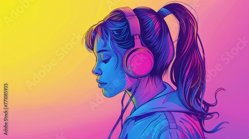 Side profile of a woman with headphones against a neon bokeh background, Concept of vibrant music life and auditory bliss 