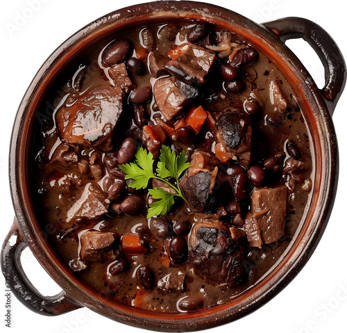 Feijoada in rustic pot cut out on transparent background