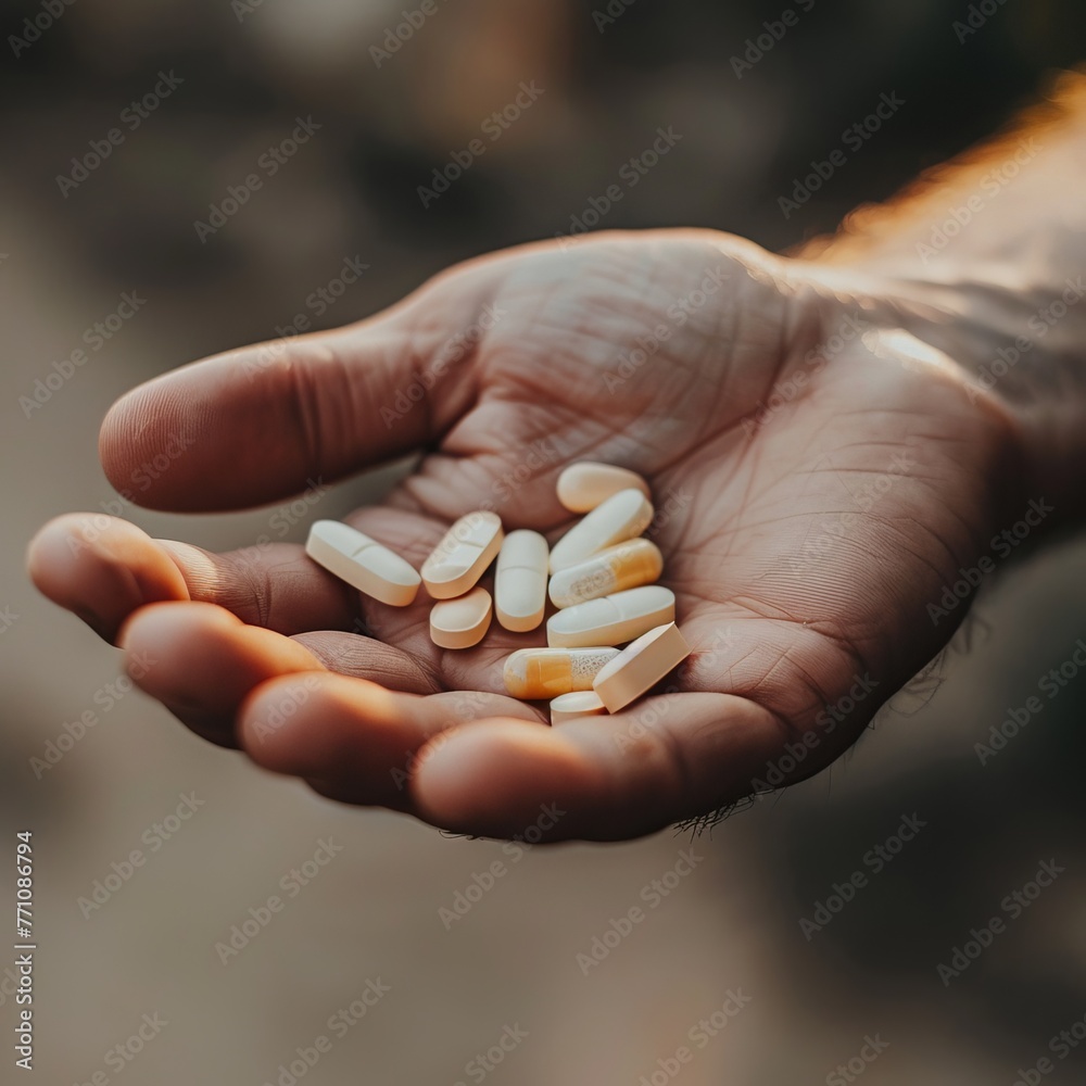 Close-up of a person's hand holding a handful of pills, highlighting the daily regimen of medication intake for some individuals. Job ID: eaac2ef8-7dc1-47a4-b3e7-06ea2c250379 Close-up of a person's hand holding a handful of pills, highlighting the daily regimen of medication intake for some individuals. Job ID: eaac2ef8-7dc1-47a4-b3e7-06ea2c250379