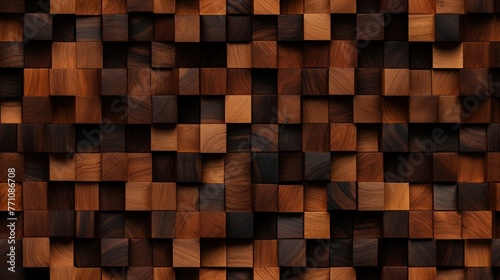 An abstract image of a wooden mosaic wall consisting of an array of colored cubes. Seamless backdrop. Generative AI