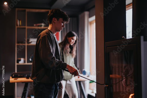 Casual indoor scene with friends spending quality time together at home with a playful mood.