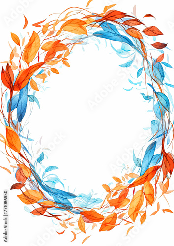 A wreath made of leaves in various colors, including orange, yellow, and blue. The wreath is circular and has a white background