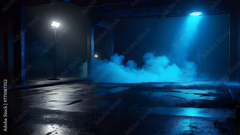 Urban Noir Night: Dark Scene with Blue Neon Lights, Wet Asphalt, Moody Atmosphere, Futuristic Cityscape, and Cyberpunk Aesthetic