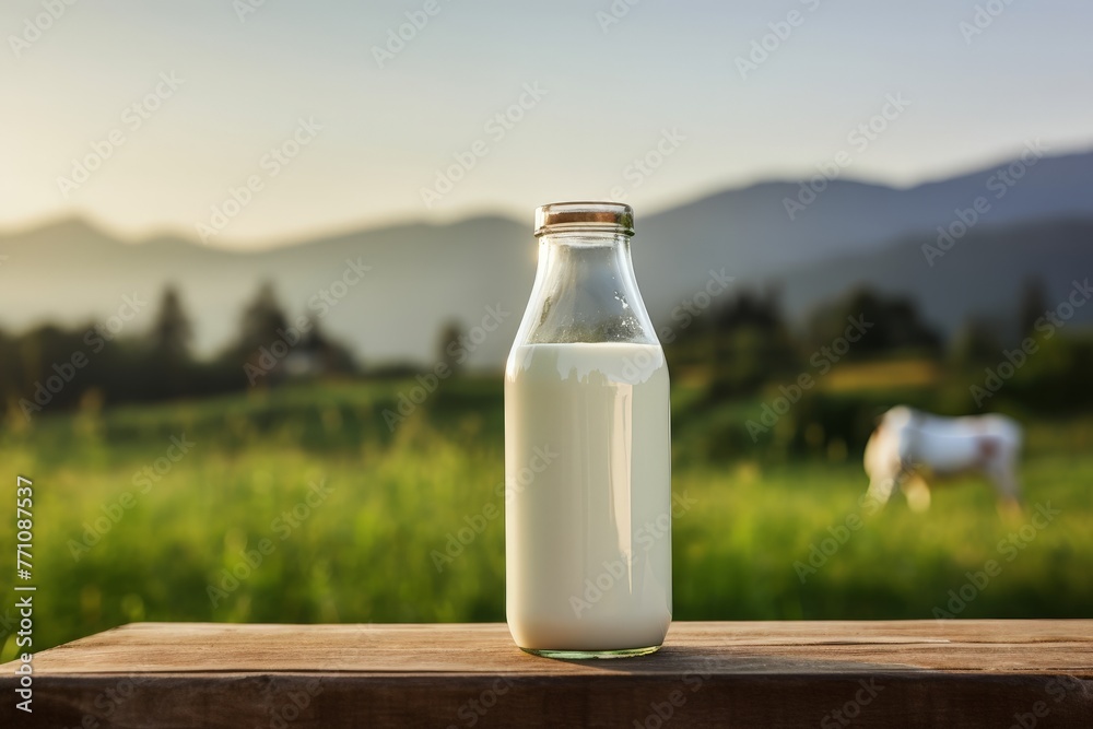 Milk bottle with no lettering on background of nature and countryside. Layout. Farming. For banners, posters, backgrounds, advertising. Milk bottle with no lettering on background of nature and countryside. Layout. Farming. For banners, posters, backgrounds, advertising.