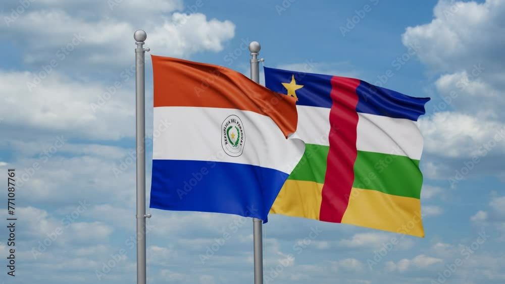 Central African Republic and Paraguay two flags waving together, looped video, two country relations concept Central African Republic and Paraguay two flags waving together, looped video, two country relations concept
