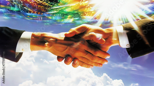 Azure Accord: Two hands reaching out for a handshake, signifying agreement and collaboration in a professional setting