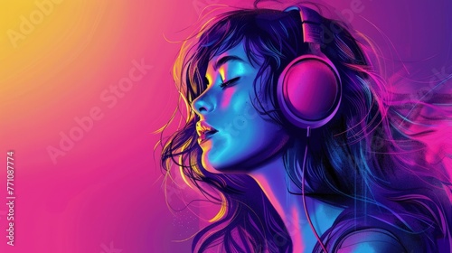 Woman lost in music with headphones, Concept of serenity, bliss, and colorful musical experience 