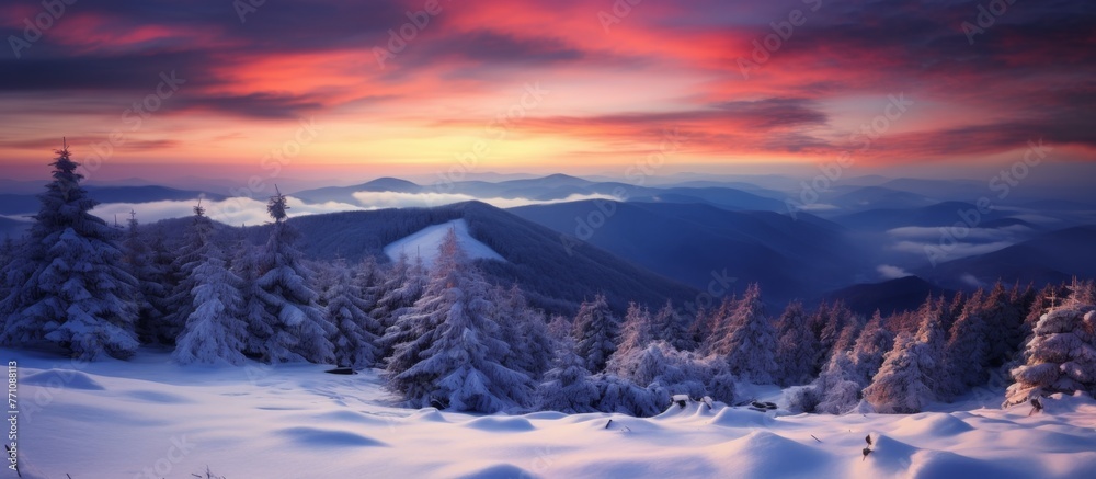 Obraz premium The atmosphere is painted in hues of orange and pink as the sun sets behind the snowy forest. A beautiful natural landscape with snowcovered trees and mountains in the background