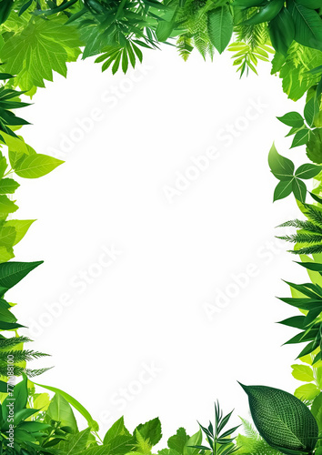 A green leafy border with a white background. The border is made up of various types of leaves and branches