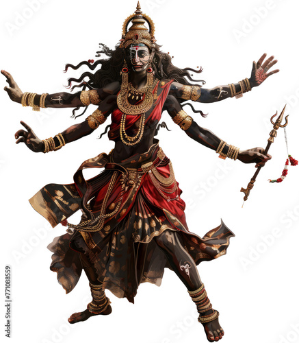 Multi-armed Kali Hindu goddess statue in dance pose isolated cut out on transparent background