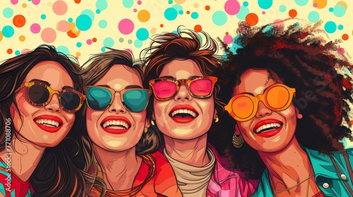 Illustration of a group of friends laughing and hugging, featuring elements of modern fashion and accessories --ar 16:9 --quality 0.5 --stylize 500 Job ID: dc051ce1-dd41-4df0-9364-51560a4778e0