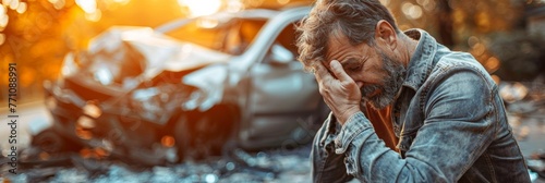 Driver's remorse: Man sits by crashed car, expressing regret after accident