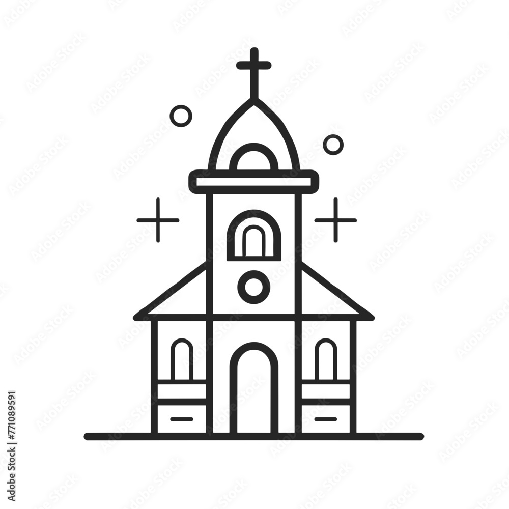Church Building Icon, Black Line Art, Religious Architecture Symbol
