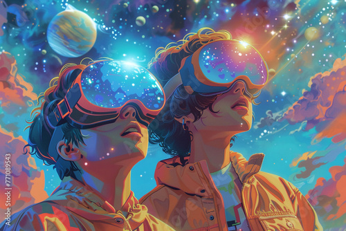 A couple with computer glasses are flying through space, surrounded by stars and planets. Graphic artwork of a colorful cartoon flat.