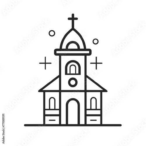 Church Building Icon, Black Line Art, Religious Architecture Symbol