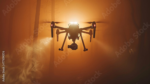 Rescue drone flying in a forest fire zone with backdrop of smoke and orange sky photo