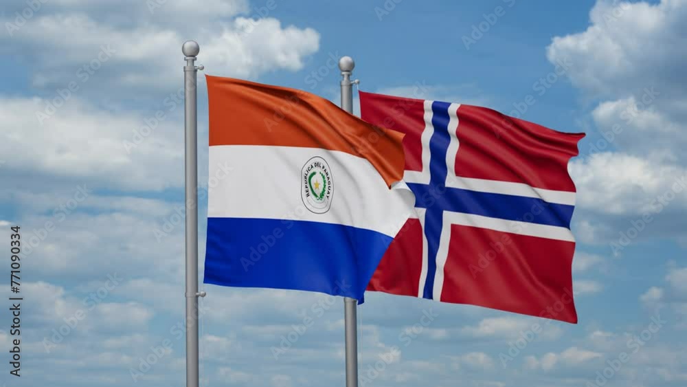 Norway and Paraguay two flags waving together, looped video, two country relations concept