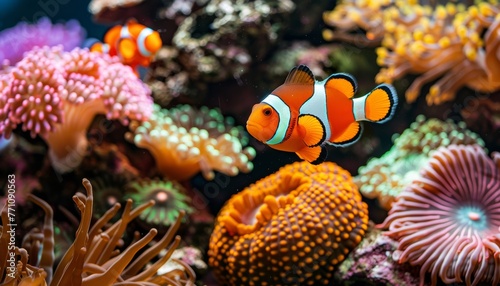 Anemonefish among vibrant corals in saltwater aquarium, creating captivating underwater scene.