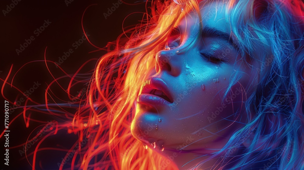 Surreal portrait of a woman with flowing fiery hair, Concept of freedom, passion, and vibrant creativity
