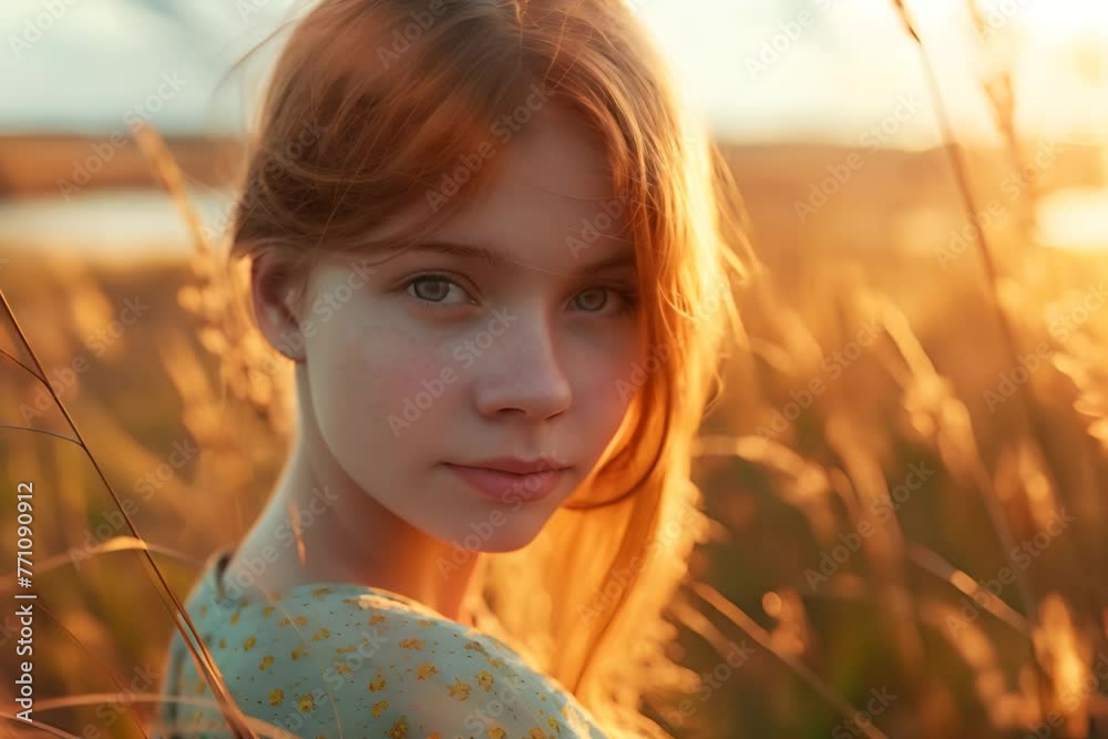 A young girl with red hair in a field at sunset. A young girl with red hair in a field at sunset.