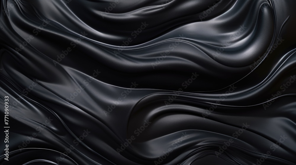 Black silk background. Dark satin textile texture, top view closeup