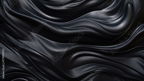 Black silk background. Dark satin textile texture, top view closeup
