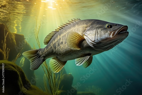 Bass fish close-up, underwater view