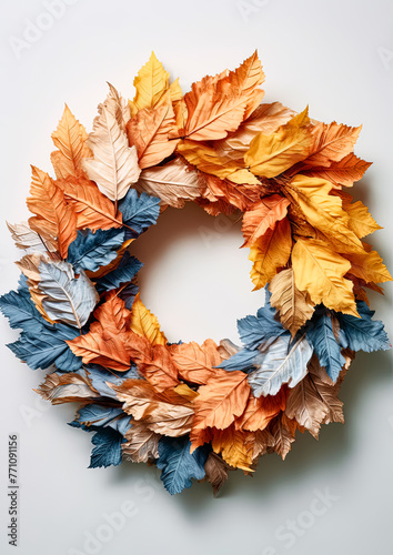 A wreath made of leaves with a blue and orange design. The leaves are arranged in a spiral pattern, with the blue leaves in the center and the orange leaves surrounding them. The wreath has a warm © Людмила Мазур