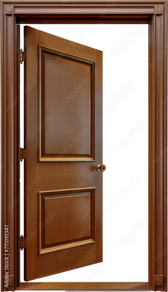 Classic wooden door half-open with frame cut out on transparent background