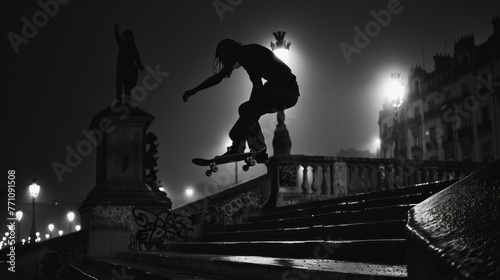 Skateboarder performing trick on bridge at night under flash photography