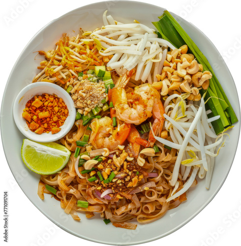 Pad Thai with shrimp and side of bean sprouts on white plate cut out on transparent background