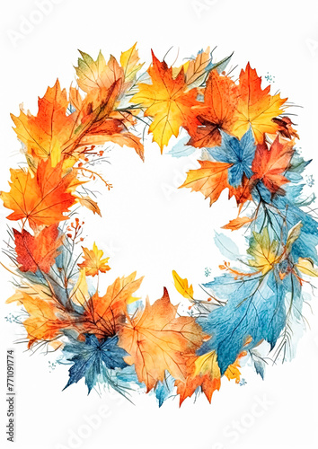 A wreath made of leaves in various colors, including orange, yellow, and blue. The wreath is circular and has a white background © Людмила Мазур