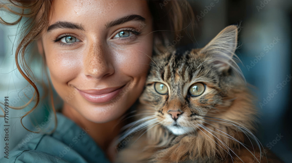 A young woman with radiant skin and flowing hair shares a gaze with a tabby cat, exuding warmth