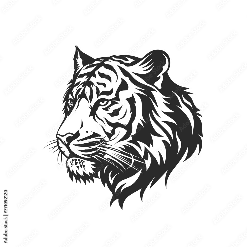 flat logo of tiger head side view vector illustration in black and white clipart