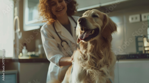 A friendly veterinarian in a white coat smilingly examines a joyful golden retriever in a clinical setting photo