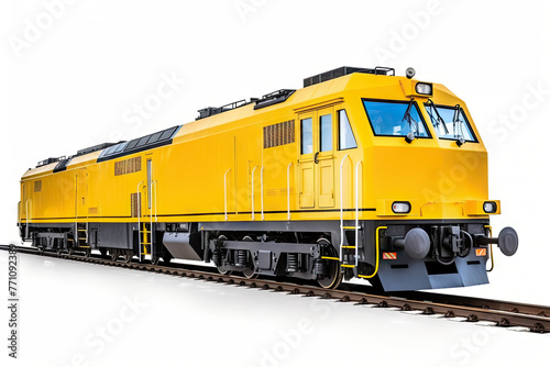 Modern Yellow Electric Locomotive on Tracks Isolated on White Background