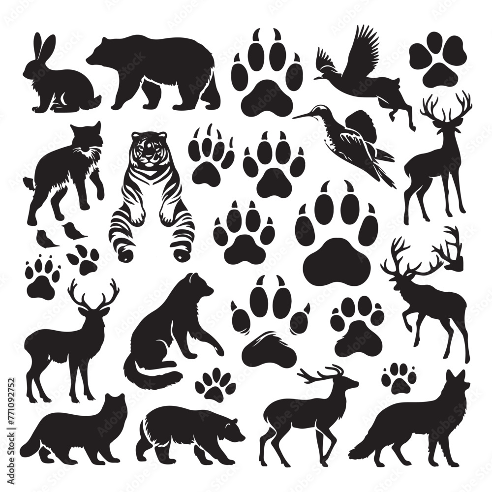 Silhouette set of different animals and their footprint Silhouette set of different animals and their footprint