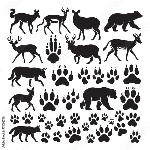 Silhouette set of different animals and their footprint