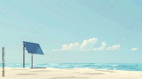 A solitary solar panel stands on the edge of a windswept beach with the vast ocean and blue skies in the background. . .