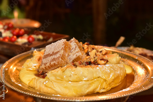 brie pie with dried fruits and honeycomb, brie pie, brie cheese
 photo