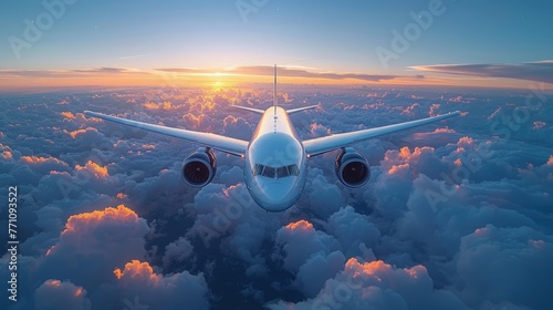 Commercial airplane mid-flight against a backdrop of fluffy clouds, Concept of air travel, connectivity, and modern transport 