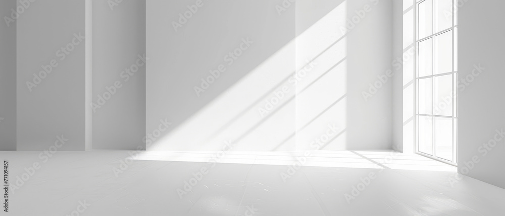 The calming image showcases an immaculate white interior bathed in the natural light of a sunny day, accentuating simplicity and openness. Background for product mockup. The calming image showcases an immaculate white interior bathed in the natural light of a sunny day, accentuating simplicity and openness. Background for product mockup.