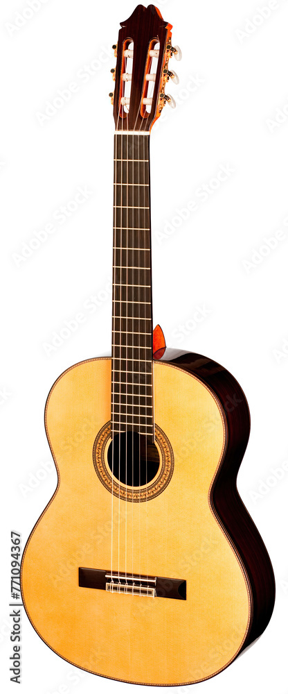 Obraz premium Classical Spanish flamenco guitar close up, dramatically lit isolated on white background with copy space.