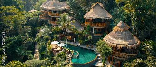 This image showcases the luxury of a tropical resort nestled within a lush rainforest, highlighting an inviting pool and traditional thatched villas photo