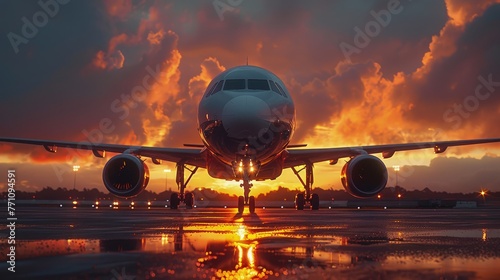 Airplane on runway during a dramatic sunset, Concept of travel, adventure, and the excitement of journey 