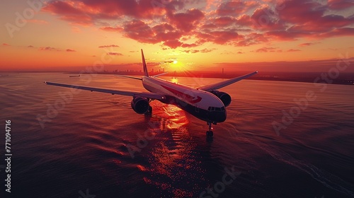 Airplane on runway during a dramatic sunset, Concept of travel, adventure, and the excitement of journey
