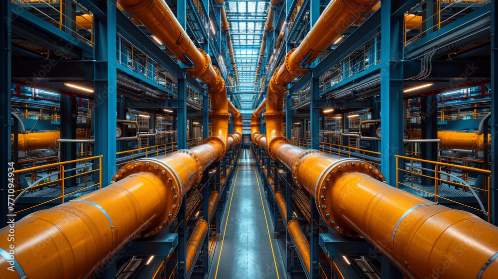 An immaculate perspective of contemporary pipes and machinery, posing a blend of engineering and architectural brilliance - obrazy, fototapety, plakaty 