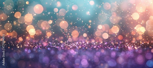 Soft delicate blurred bokeh background in lilac purple, mint green, and champagne gold colors photo